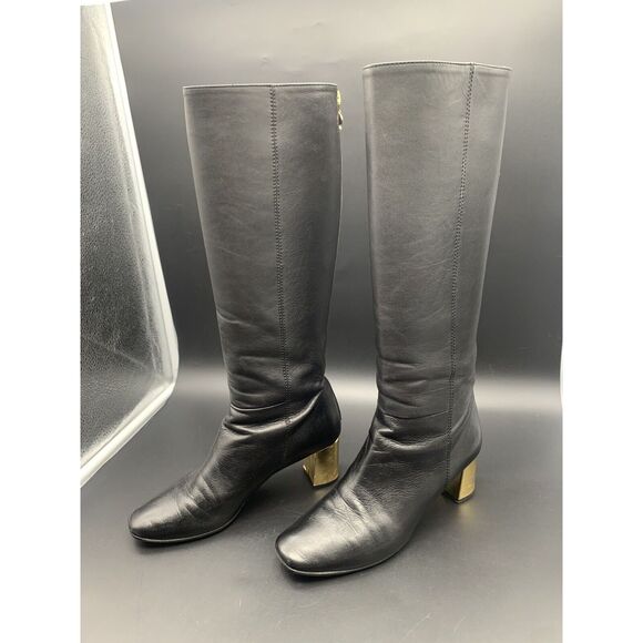 Kate Spade Tavie Knee High Boots Size 8 Square Toe Gold Heel - Picture 1 of 12